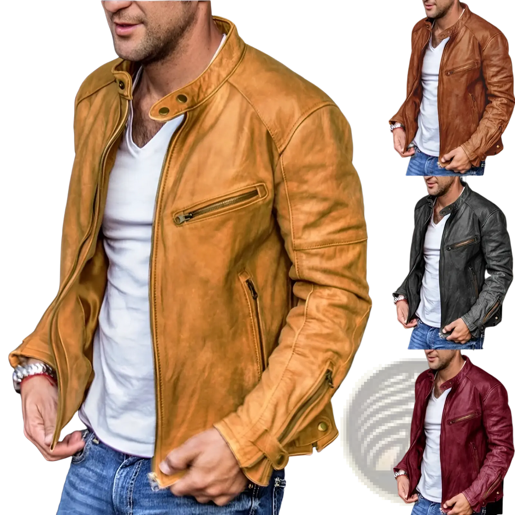 Men pu leather punk motorcycle jacket in tan with classic design and front zipper closure for stylish riding
