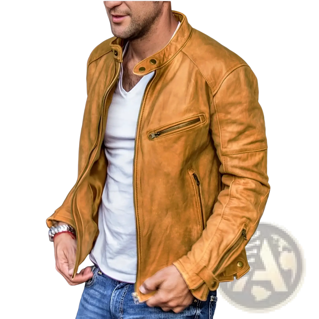 Men pu leather punk motorcycle jacket in tan with a classic collar and zippered pockets for a stylish look