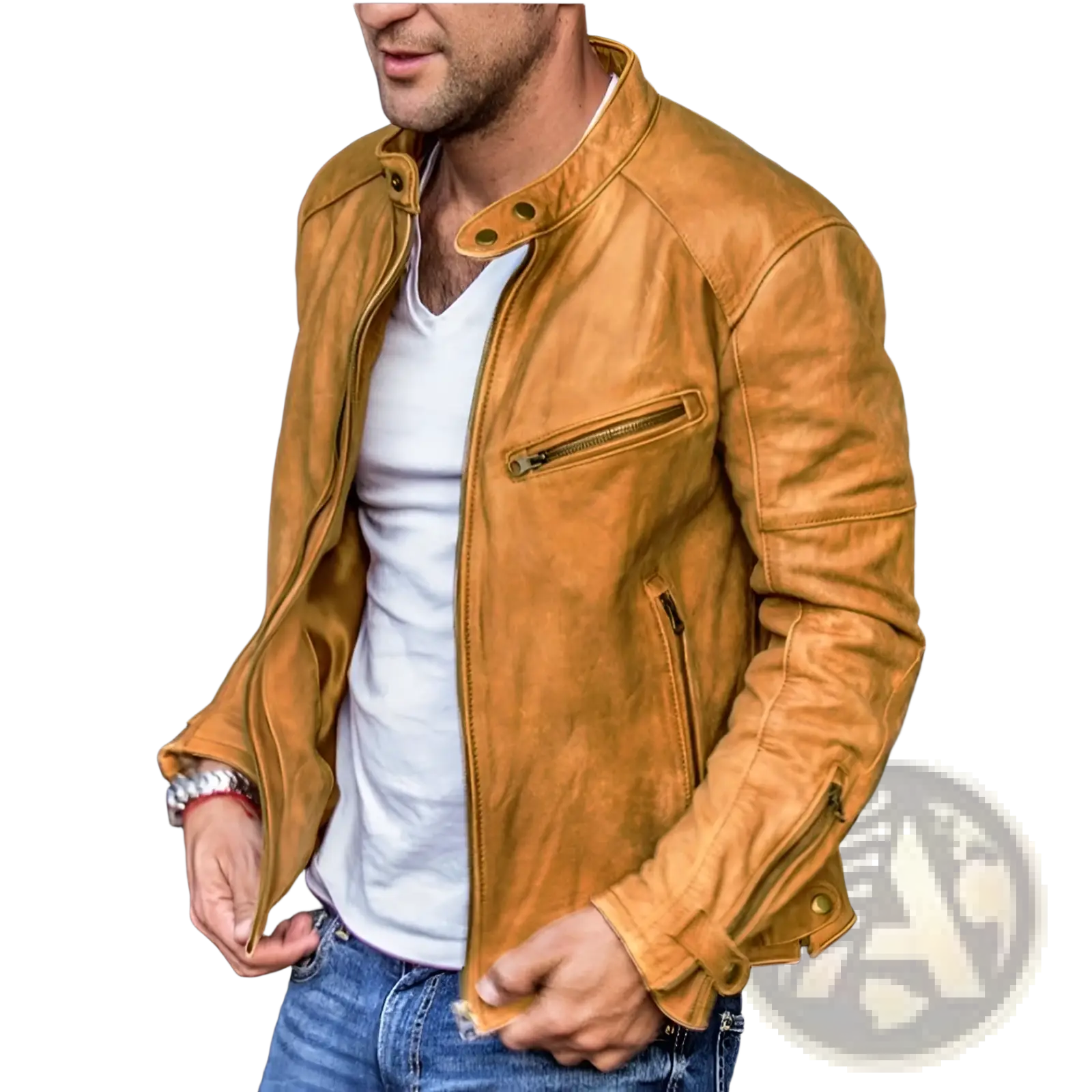 Men pu leather punk motorcycle jacket in tan with a classic collar and zippered pockets for a stylish look
