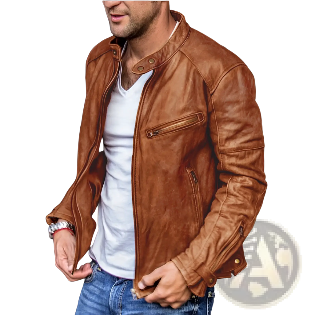 Men pu leather punk motorcycle jacket in tan with classic design zippers snap buttons and stand collar