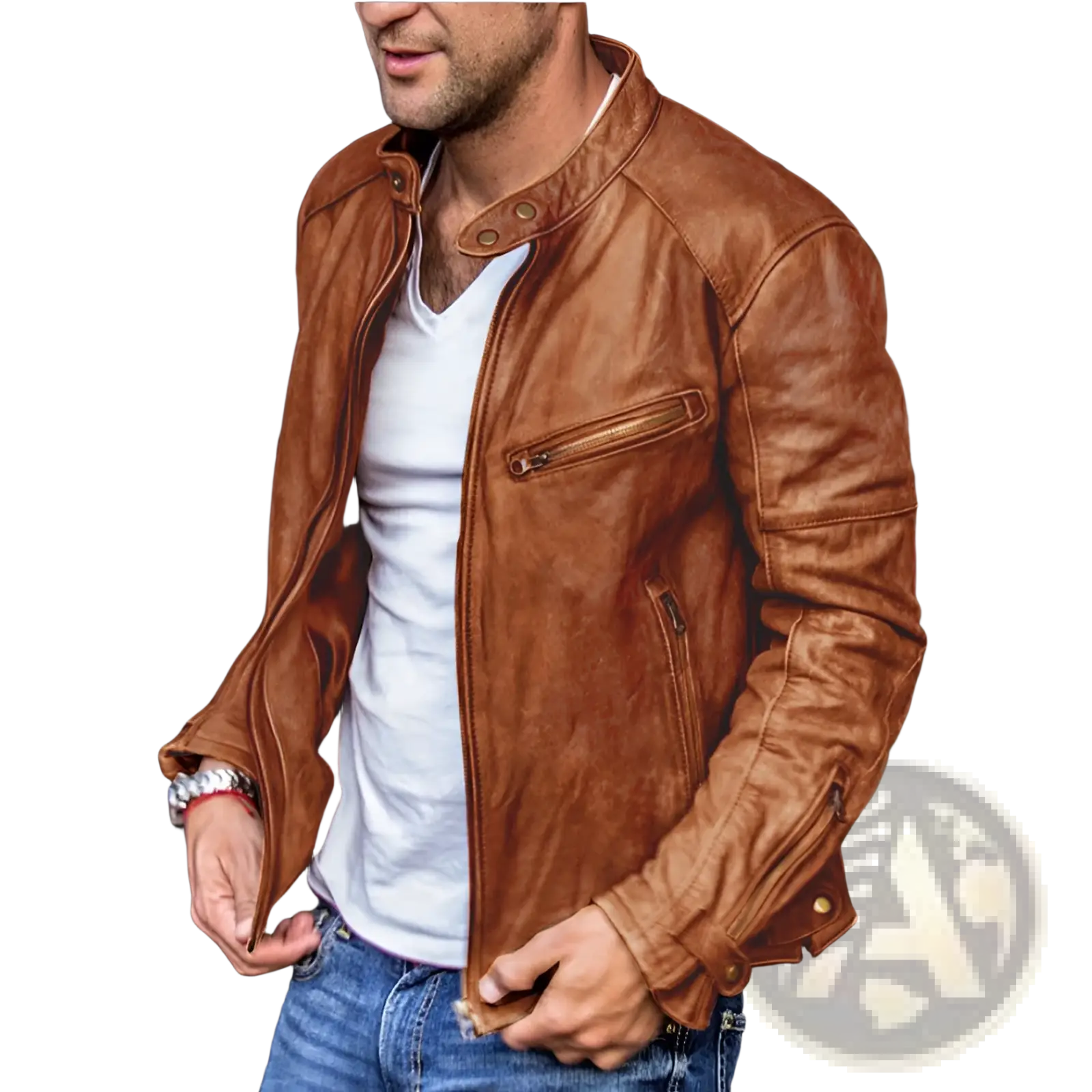 Men pu leather punk motorcycle jacket in tan with classic design zippers snap buttons and stand collar