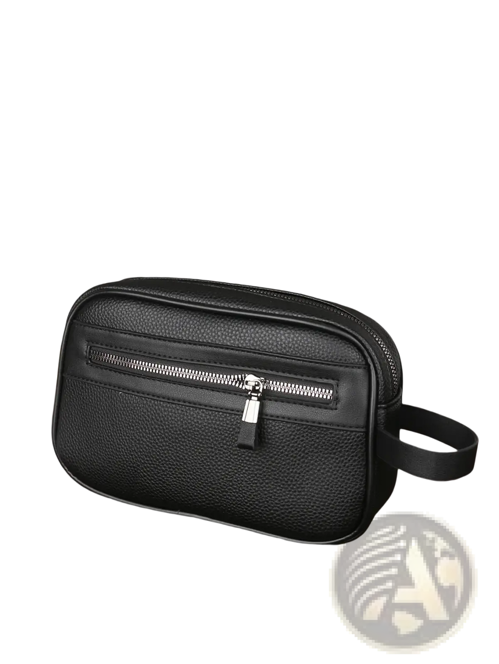 Black textured pu leather men toiletry bag with silver zipper and pull tab large travel organizer