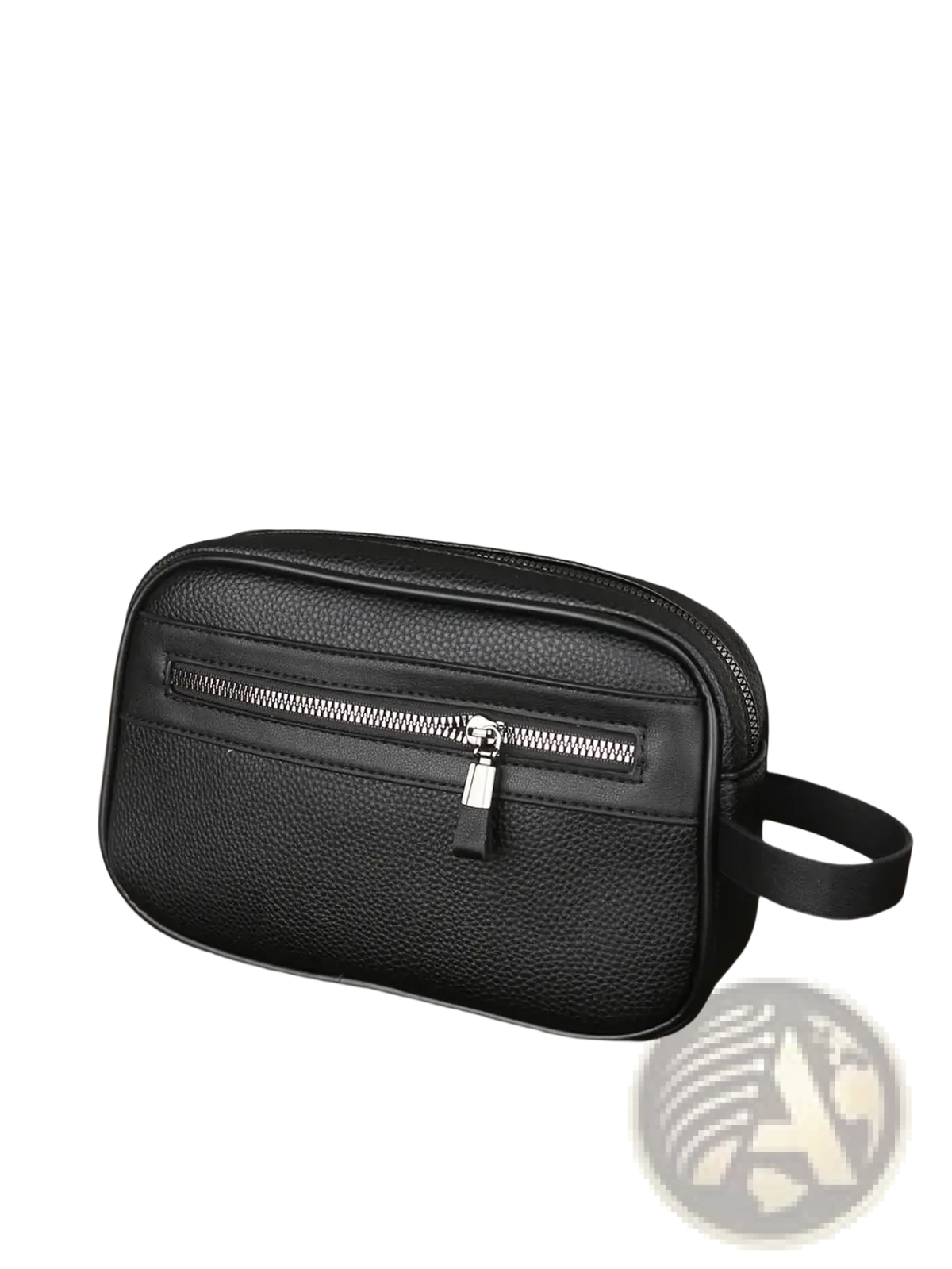 Black textured pu leather men toiletry bag with silver zipper and pull tab large travel organizer