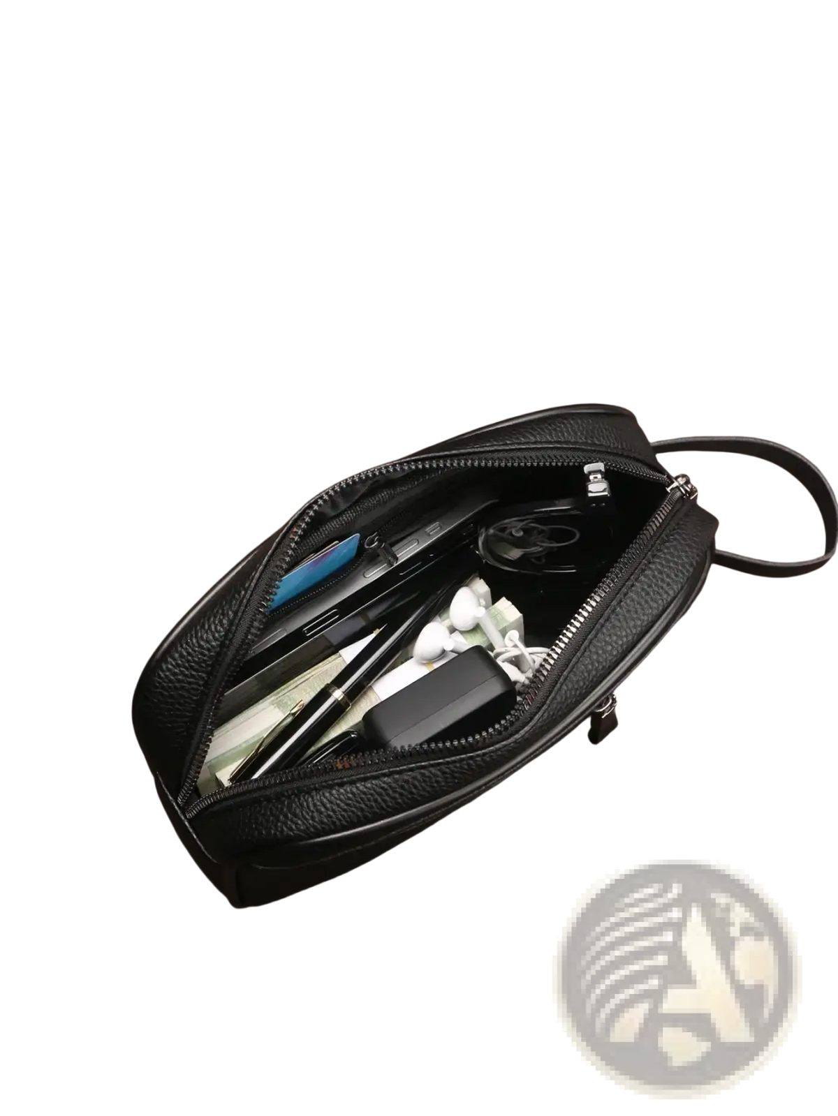 Black textured pu leather men toiletry bag with zipper closure and handle large travel organizer