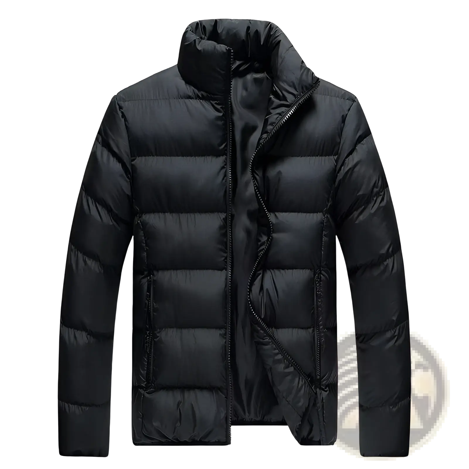 Black men puffer jacket with high collar and quilted thermal cotton design for winter coat use