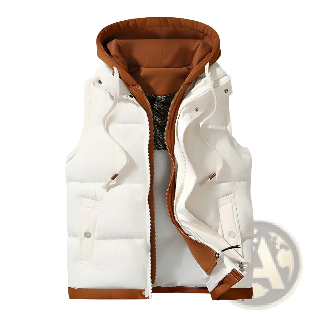 Men puffer vest hooded winter cotton coat in white with brown hood and trim featuring front pockets and zipper closure