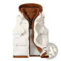 Men puffer vest hooded winter cotton coat in white with brown hood and trim featuring front pockets and zipper closure