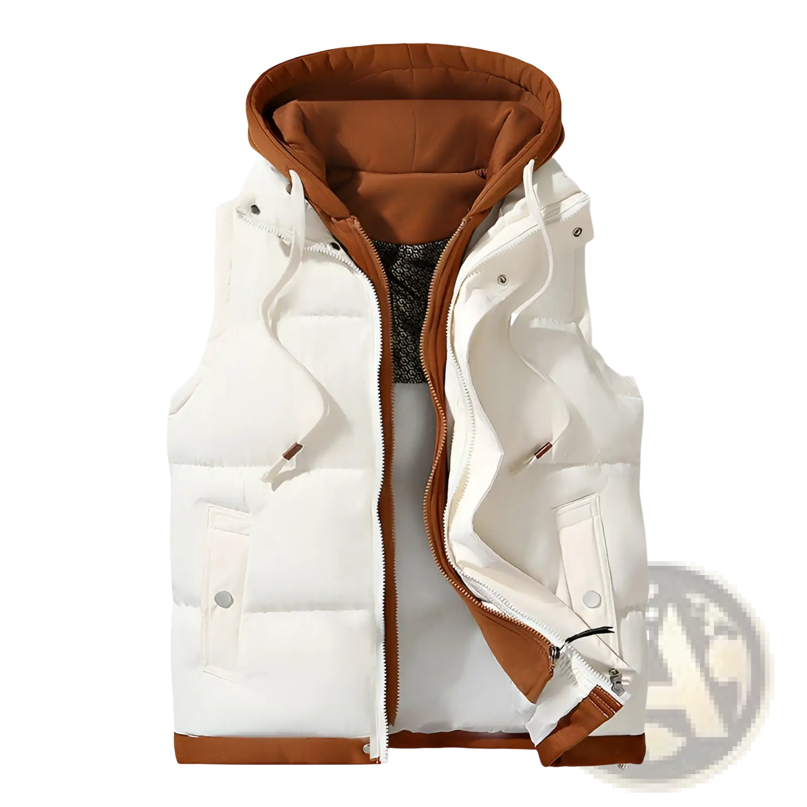 Men puffer vest hooded winter cotton coat in white with brown hood and trim featuring front pockets and zipper closure