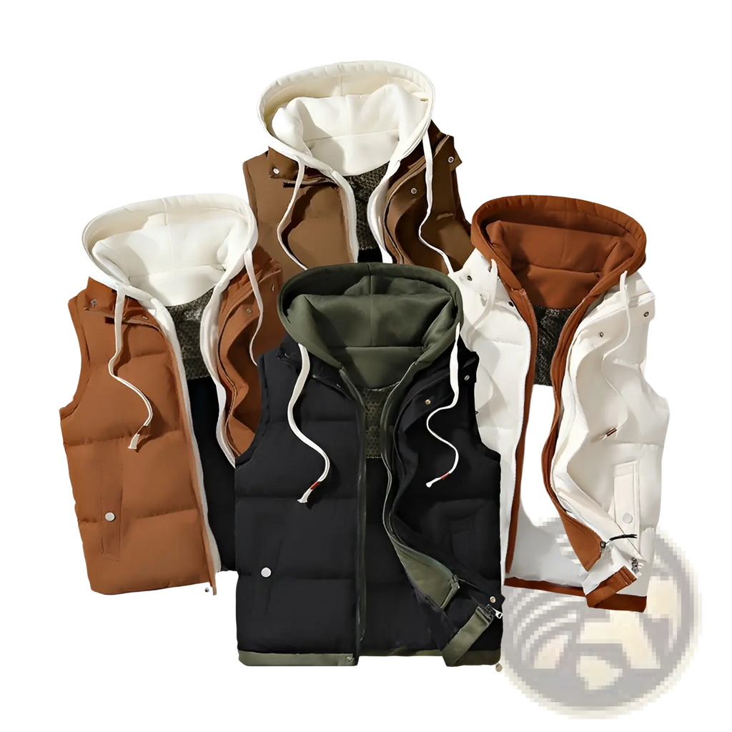 Men puffer vest hooded winter cotton coat in black with olive green interior lining and white drawstrings