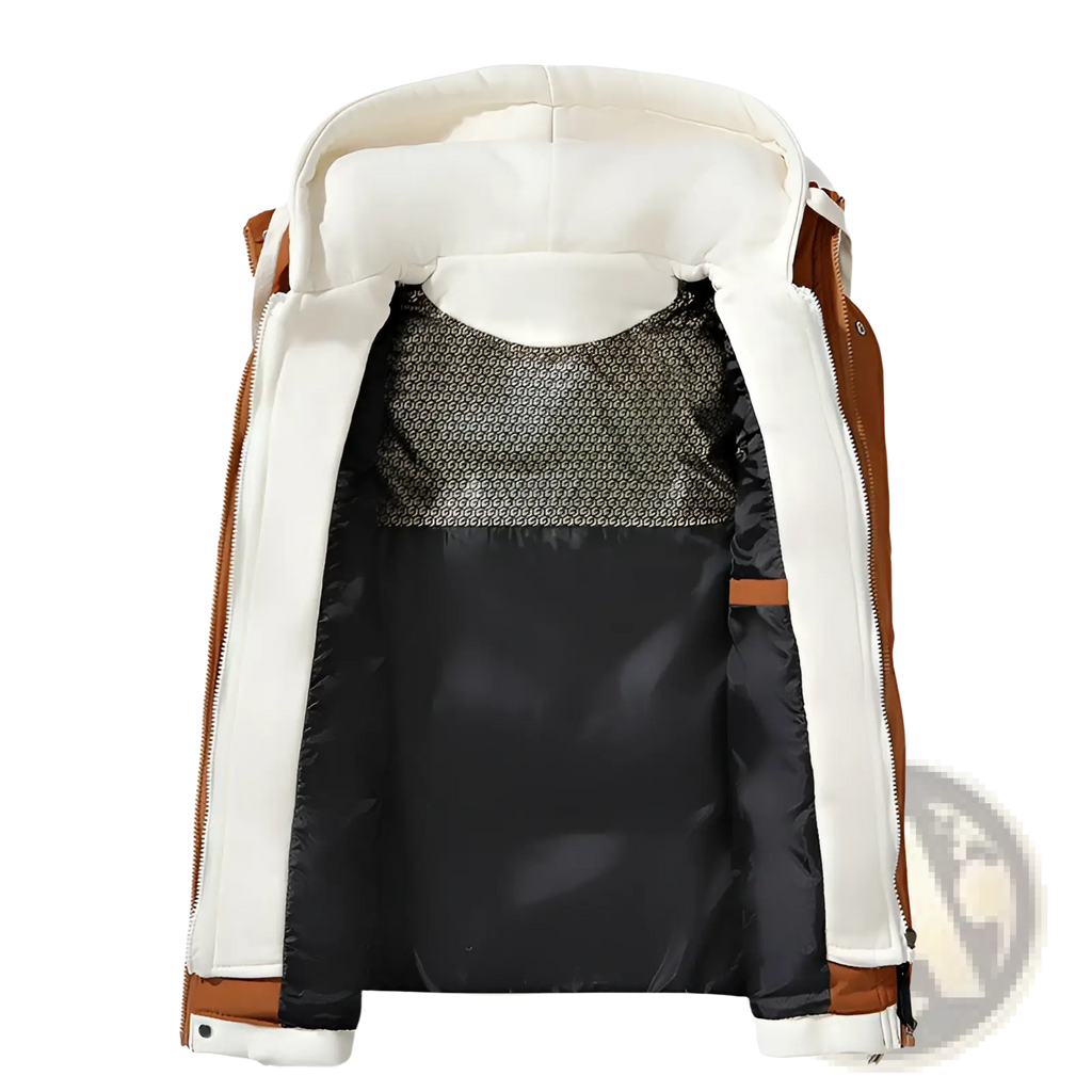 Men puffer vest hooded winter cotton coat cream colored with brown trim and black interior mesh lining