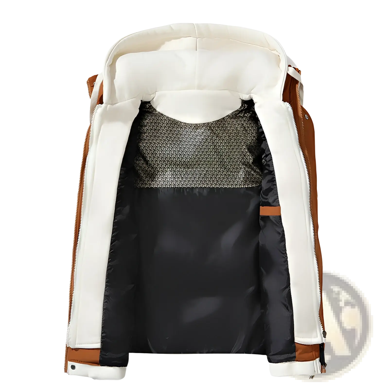 Men puffer vest hooded winter cotton coat cream colored with brown trim and black interior mesh lining