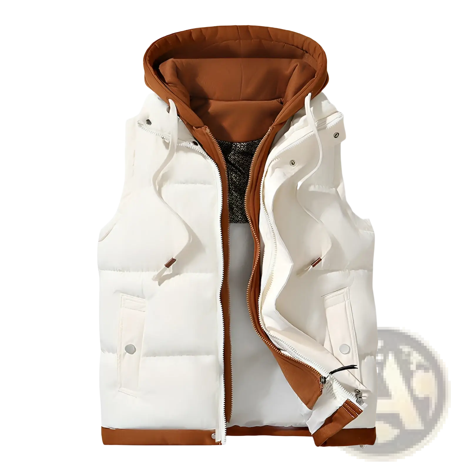 Men puffer vest hooded winter cotton coat in white with brown hood and trim, featuring front pockets and zipper closure