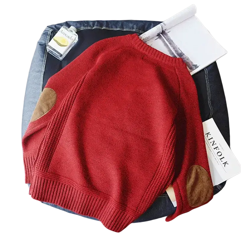 Red knit men pullover sweater with brown leather elbow patches and ribbed cuffs perfect for pullover sweater autumn fashion
