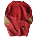 Men pullover sweater in red wool with tan leather elbow patches and ribbed cuffs perfect for autumn casual knitwear