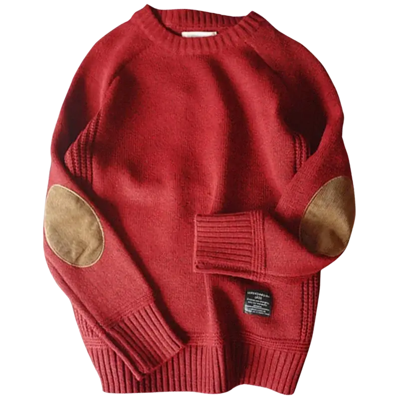 Men pullover sweater in red wool with tan leather elbow patches and ribbed cuffs perfect for autumn casual knitwear