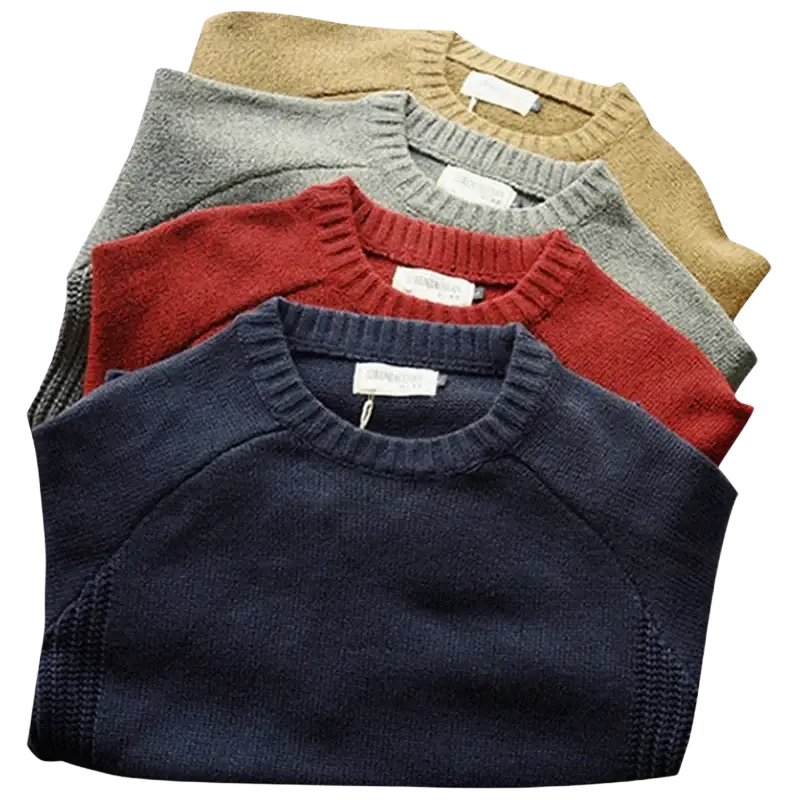 Stack of five men pullover sweaters in navy red gray and beige with ribbed cuffs for pullover sweater autumn fashion