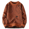 Men pumpkin knit sweater casual pullover in cozy orange with bold black pumpkin pattern and textured detailing