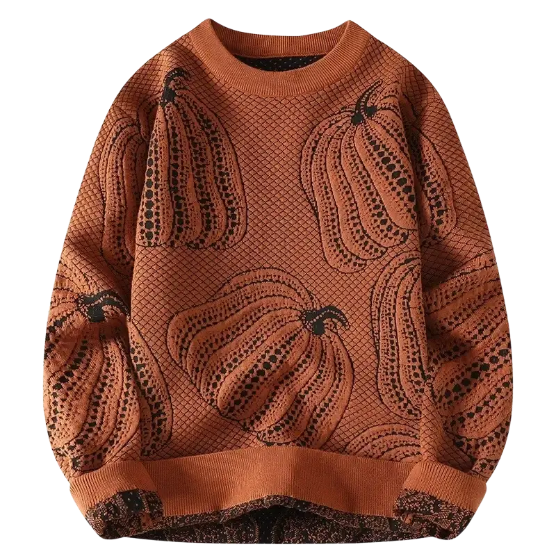 Men pumpkin knit sweater casual pullover in cozy orange with bold black pumpkin pattern and textured detailing