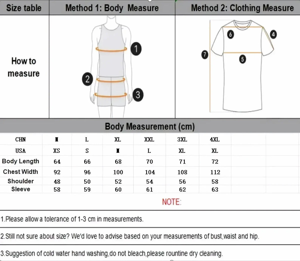 Size chart for men pumpkin knit sweater casual pullover showing body measurements in centimeters with illustrated methods