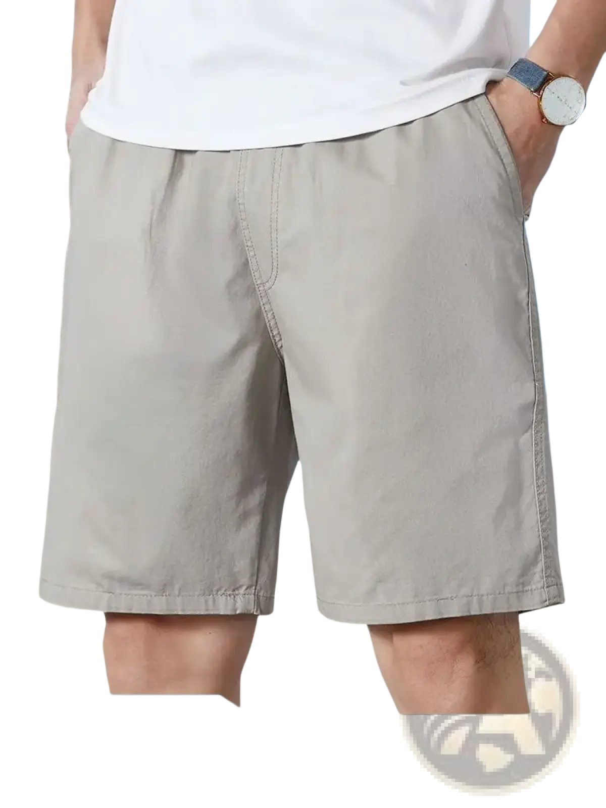 Beige pure cotton men casual loose summer shorts with relaxed fit and subtle stitching details