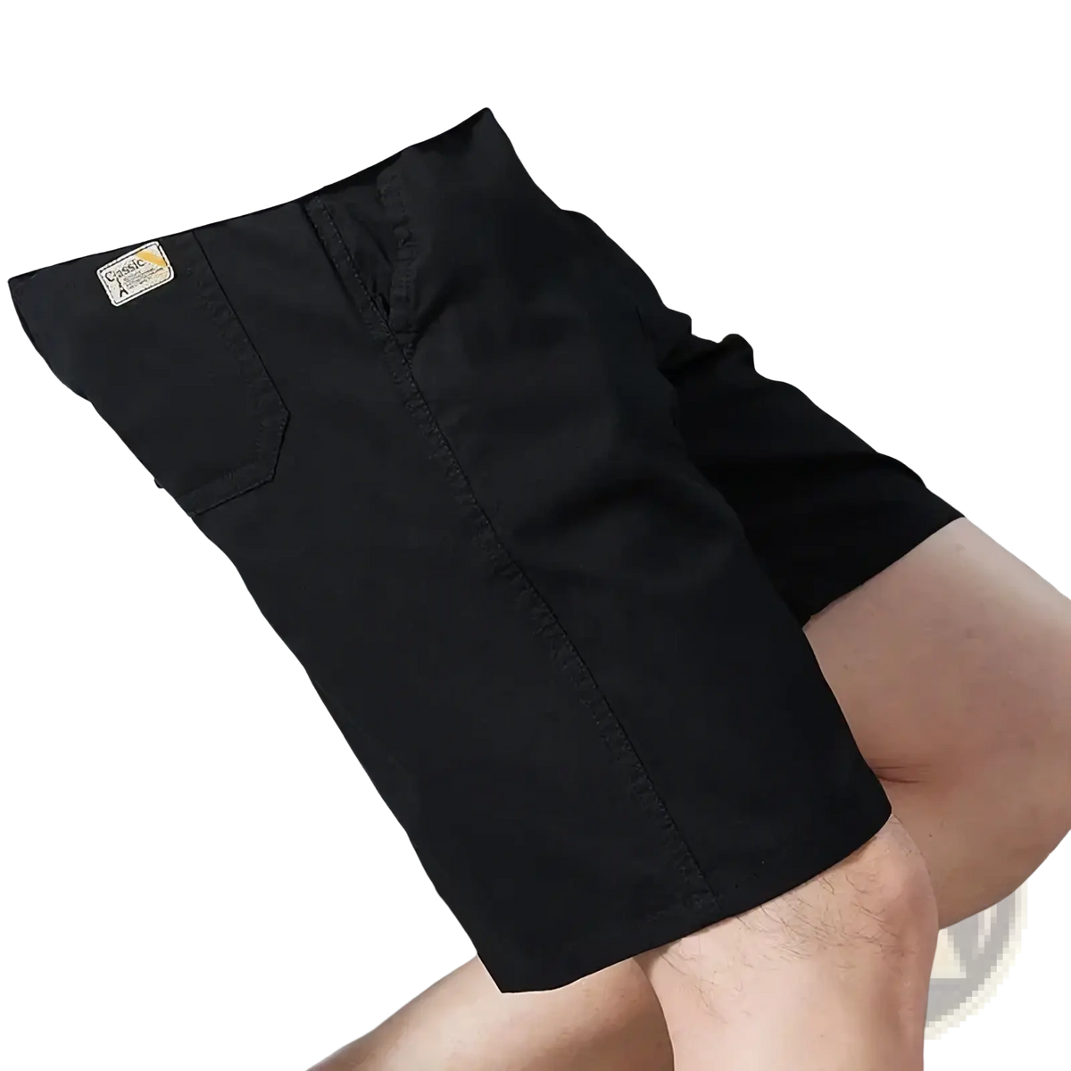 Men pure cotton casual loose summer shorts in black with subtle texture and small rectangular patch on side pocket