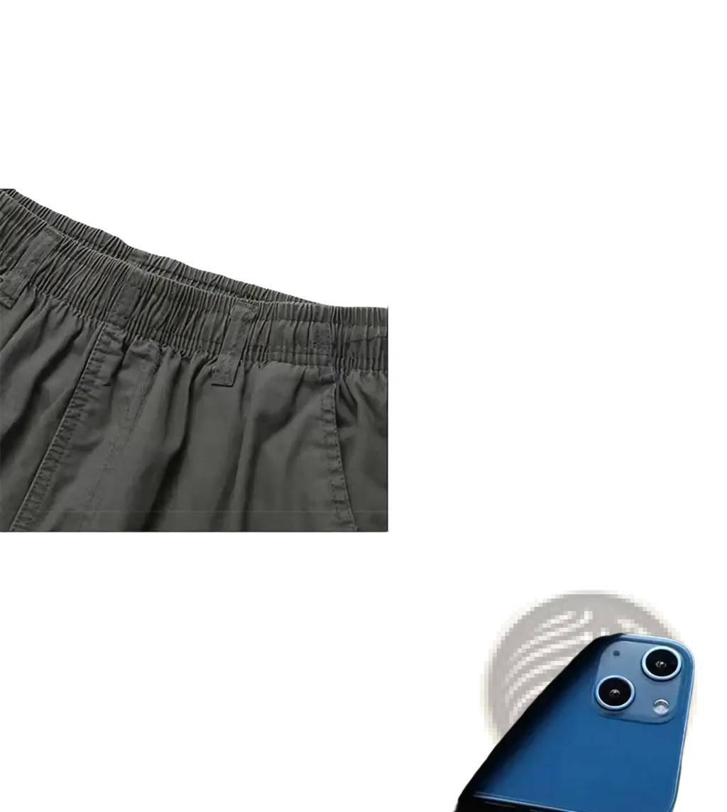 Men pure cotton casual loose summer shorts with dark gray elastic waistband and reinforced leather belt loops