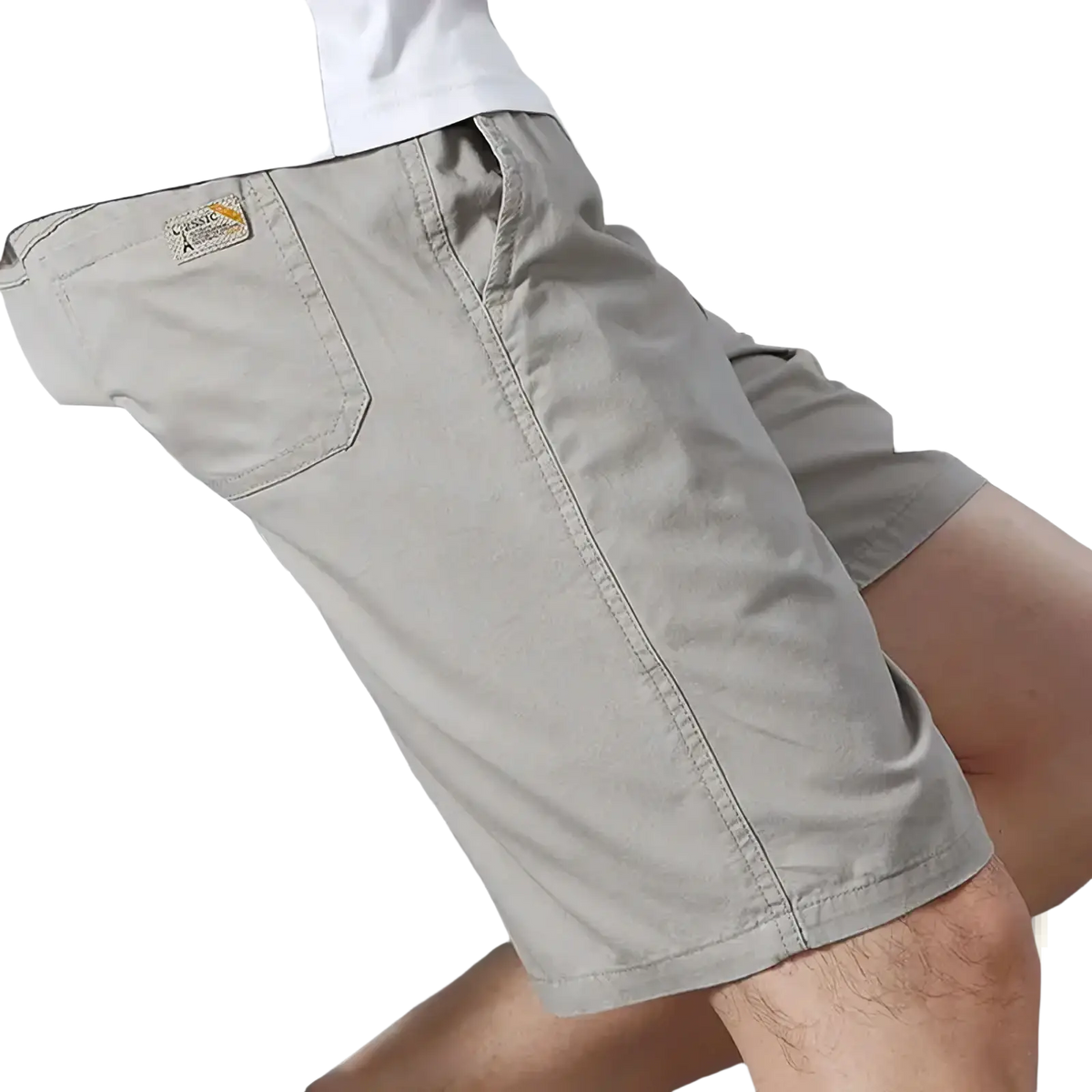 Men pure cotton casual loose summer shorts in khaki showing the back side with a small brand patch on the pocket