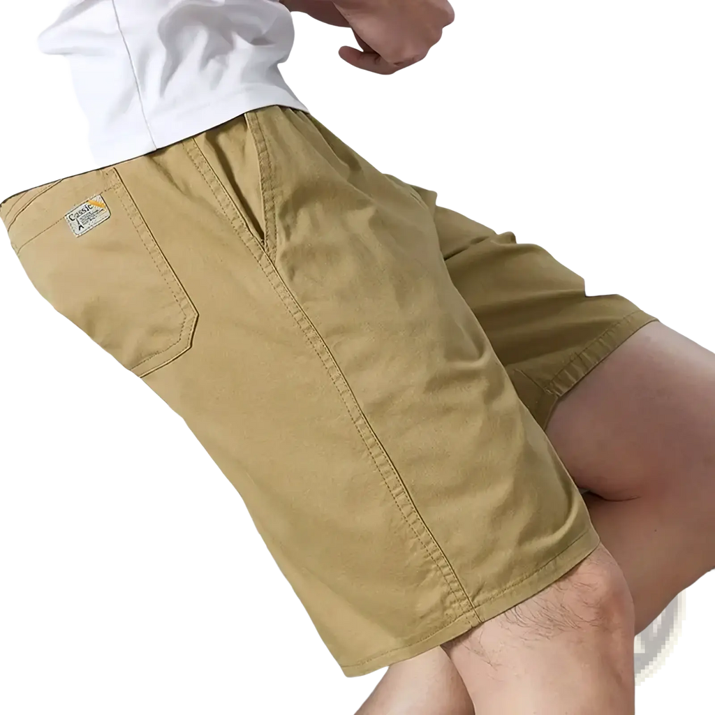 Men pure cotton casual loose summer shorts in khaki color with visible stitching details