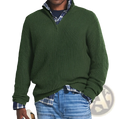 Men quarter zip stand collar dark green ribbed knit sweater worn over a plaid shirt for casual layering