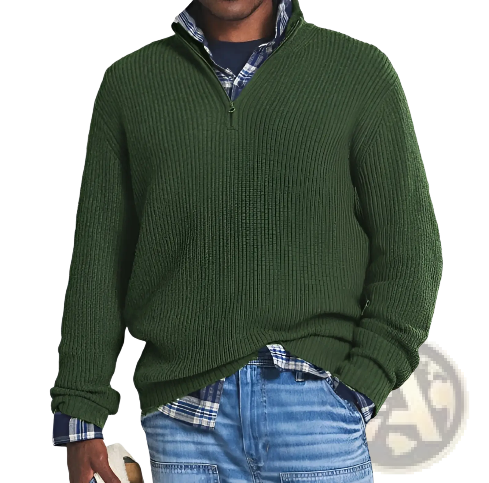 Men quarter zip stand collar dark green ribbed knit sweater worn over a plaid shirt for casual layering