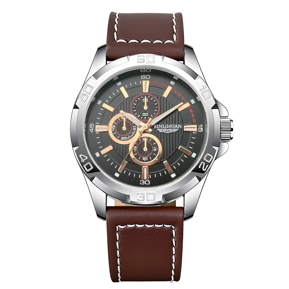 Men quartz chronograph watch with brown leather strap white stitching black dial and gold tone hands subdials binlihuan brand