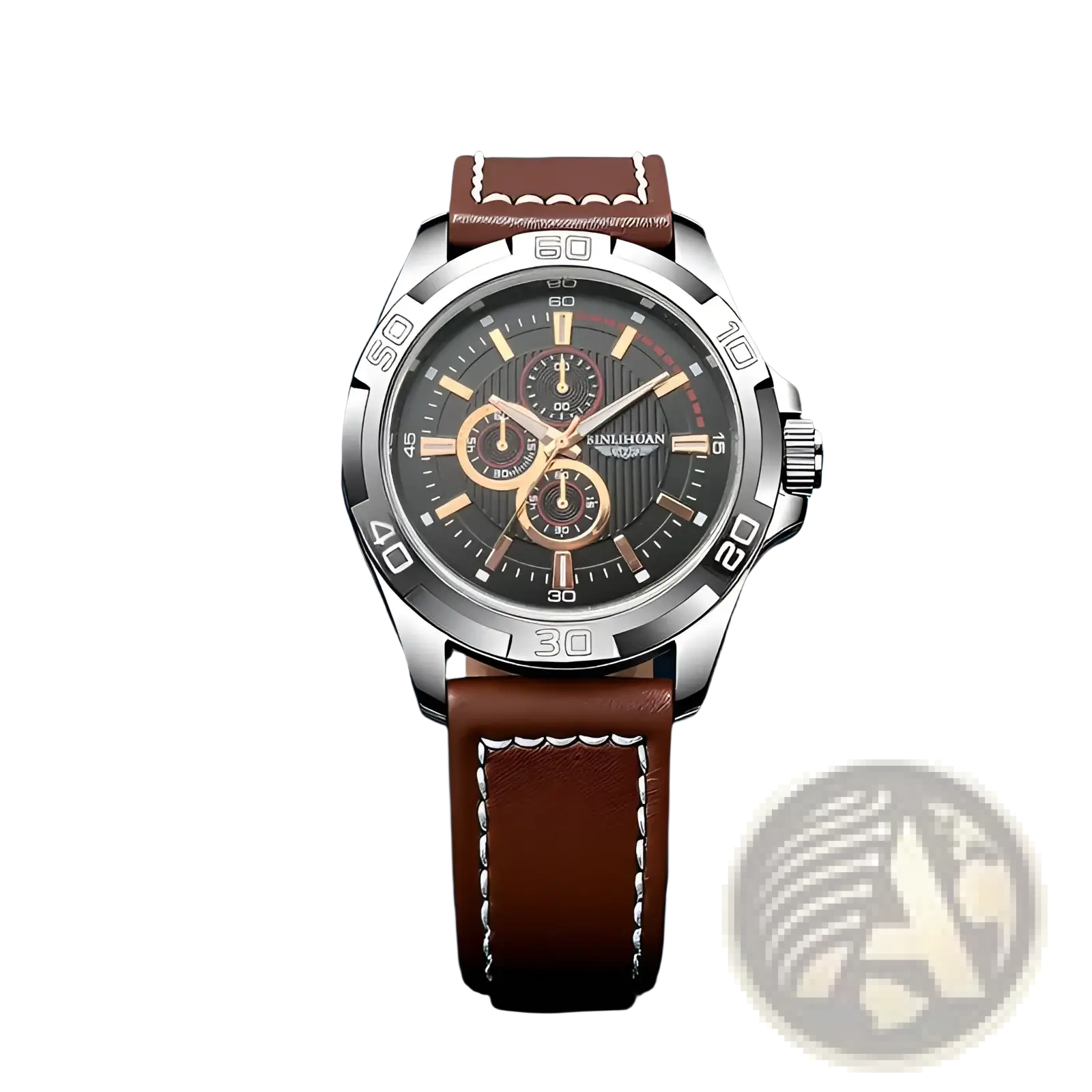 Men quartz chronograph watch with a black dial, gold-tone hands, silver case, and brown leather strap with white stitching