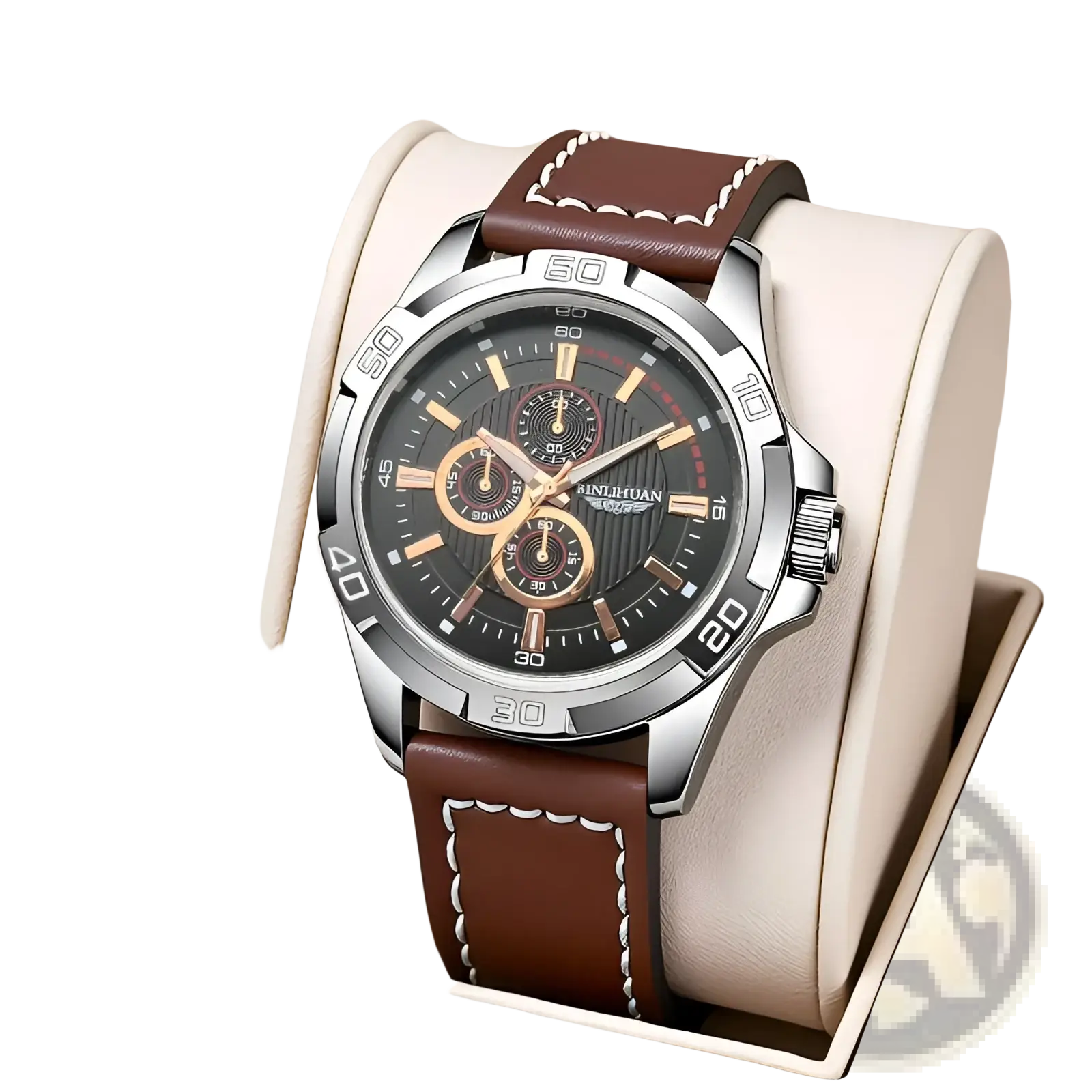 Men quartz chronograph watch with a sleek silver case black dial gold-tone hands and brown leather strap with white stitching