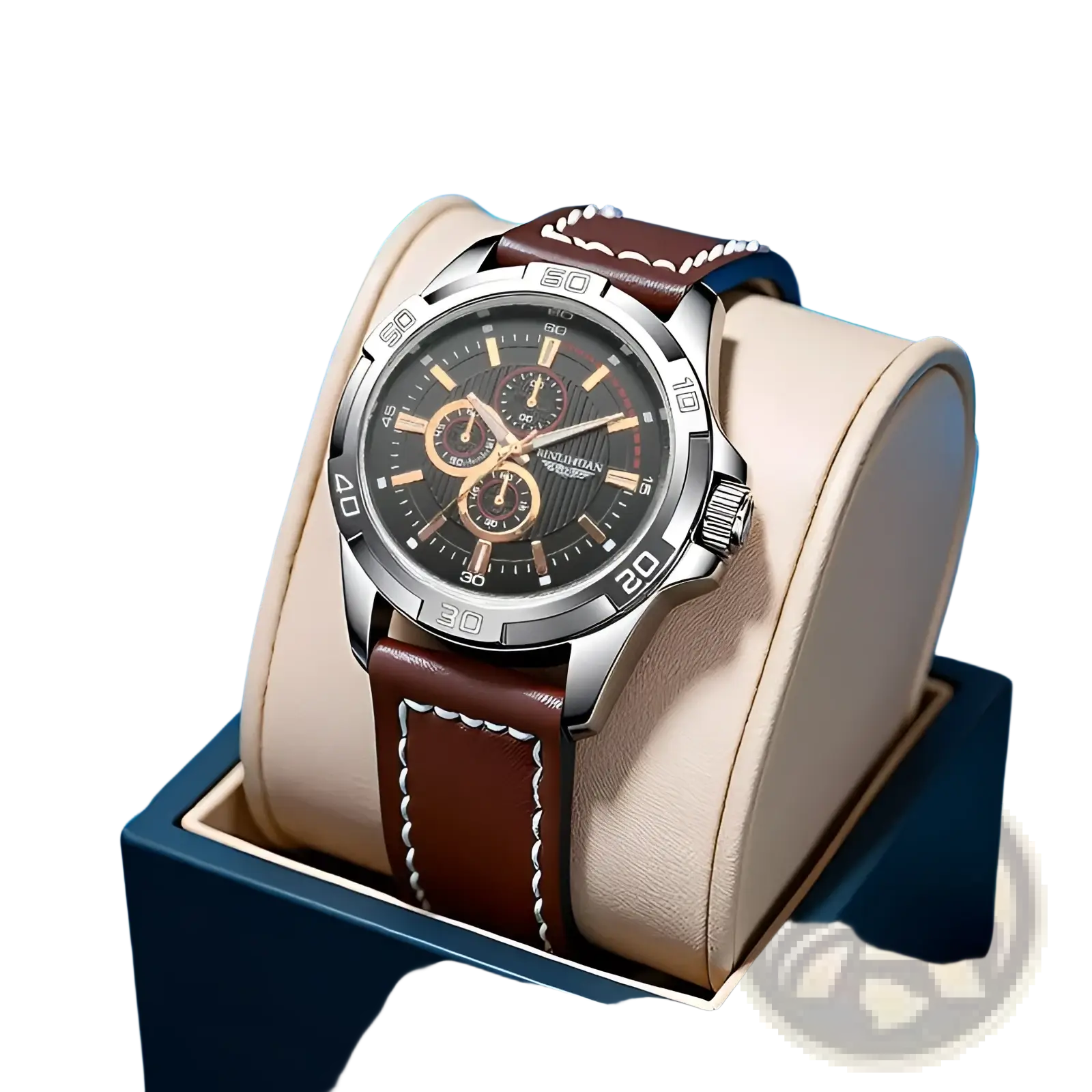 Men quartz chronograph watch with sleek silver case black dial and brown leather strap with white stitching