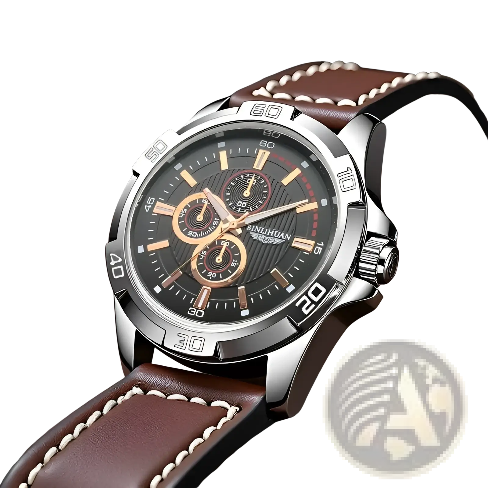 Men quartz chronograph watch with sleek silver case black dial gold-tone hands and brown leather strap with white stitching