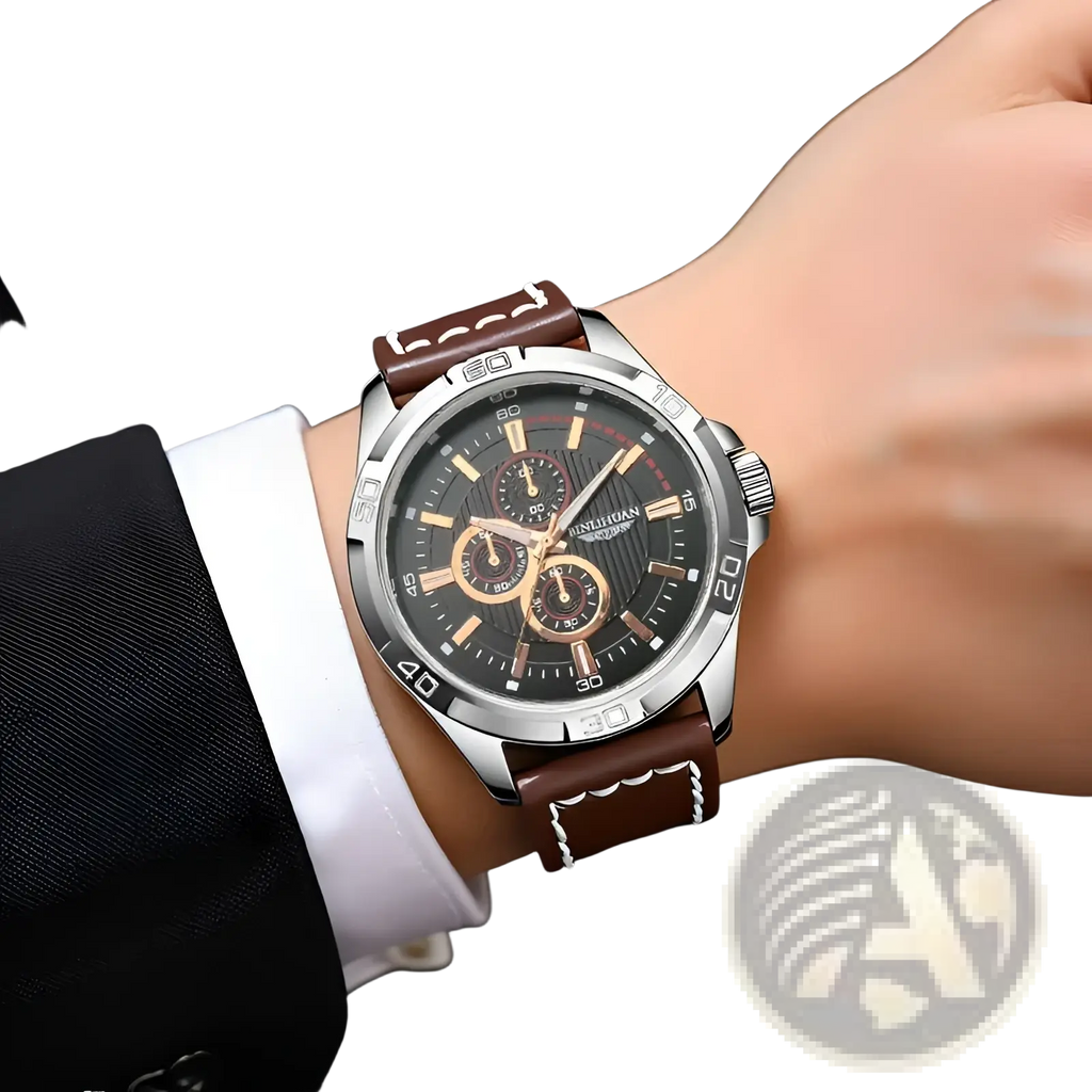 Men quartz chronograph watch with a silver case, black dial, gold-tone hands, and brown leather strap with white stitching