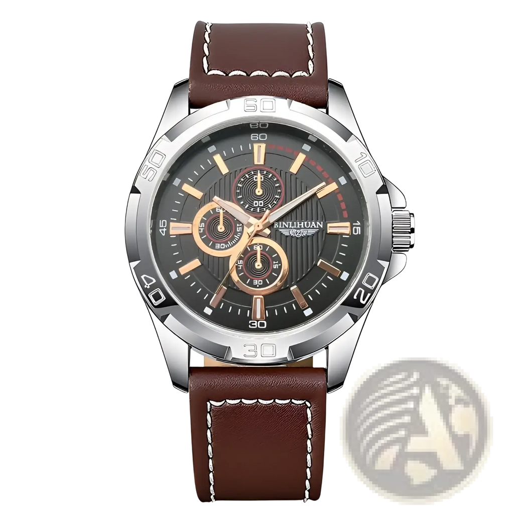 Men quartz chronograph watch with brown leather strap white stitching black dial and gold tone hands subdials binlihuan brand