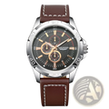 Men quartz chronograph watch with brown leather strap white stitching black dial and gold tone hands subdials binlihuan brand