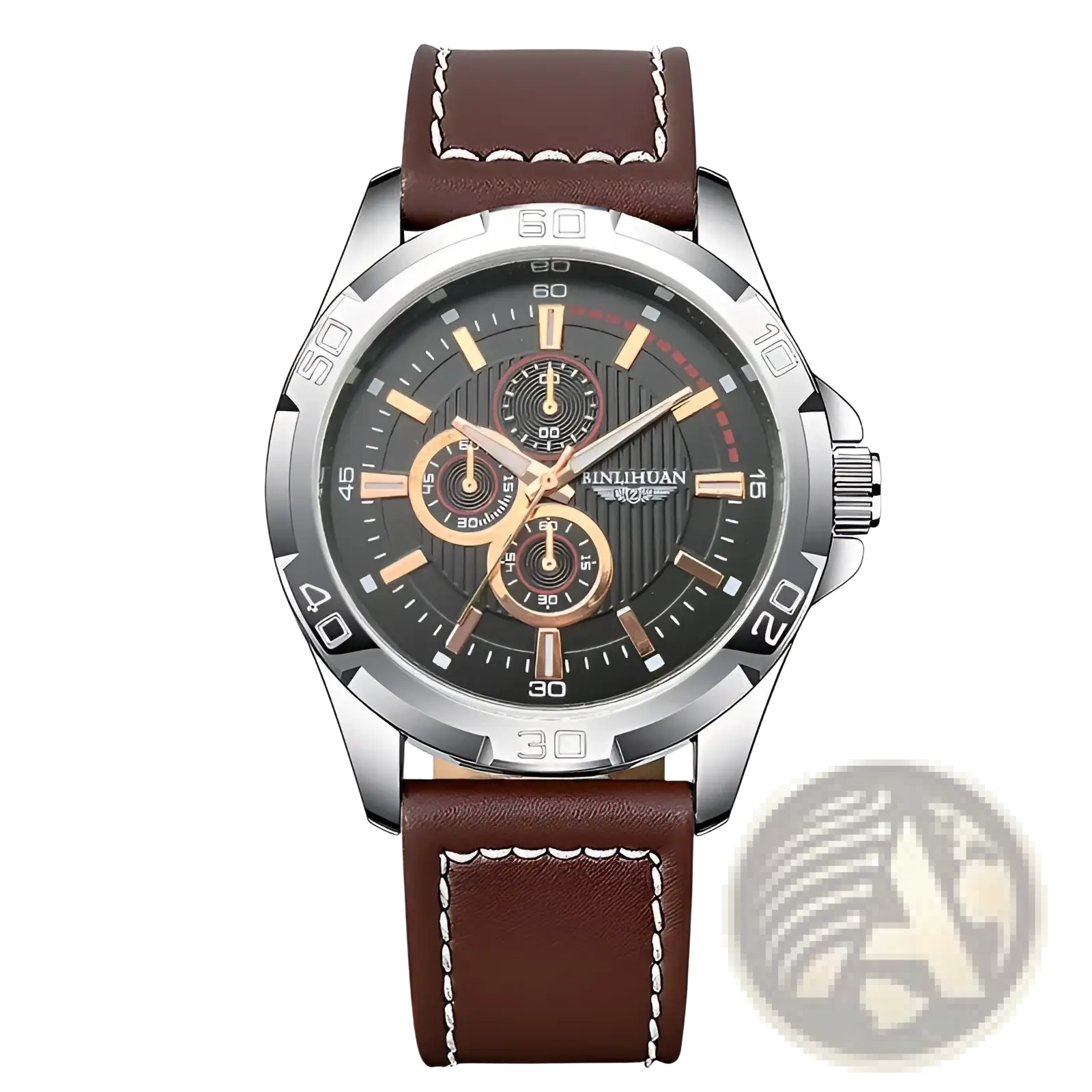 Men quartz chronograph watch with brown leather strap white stitching black dial and gold tone hands subdials binlihuan brand