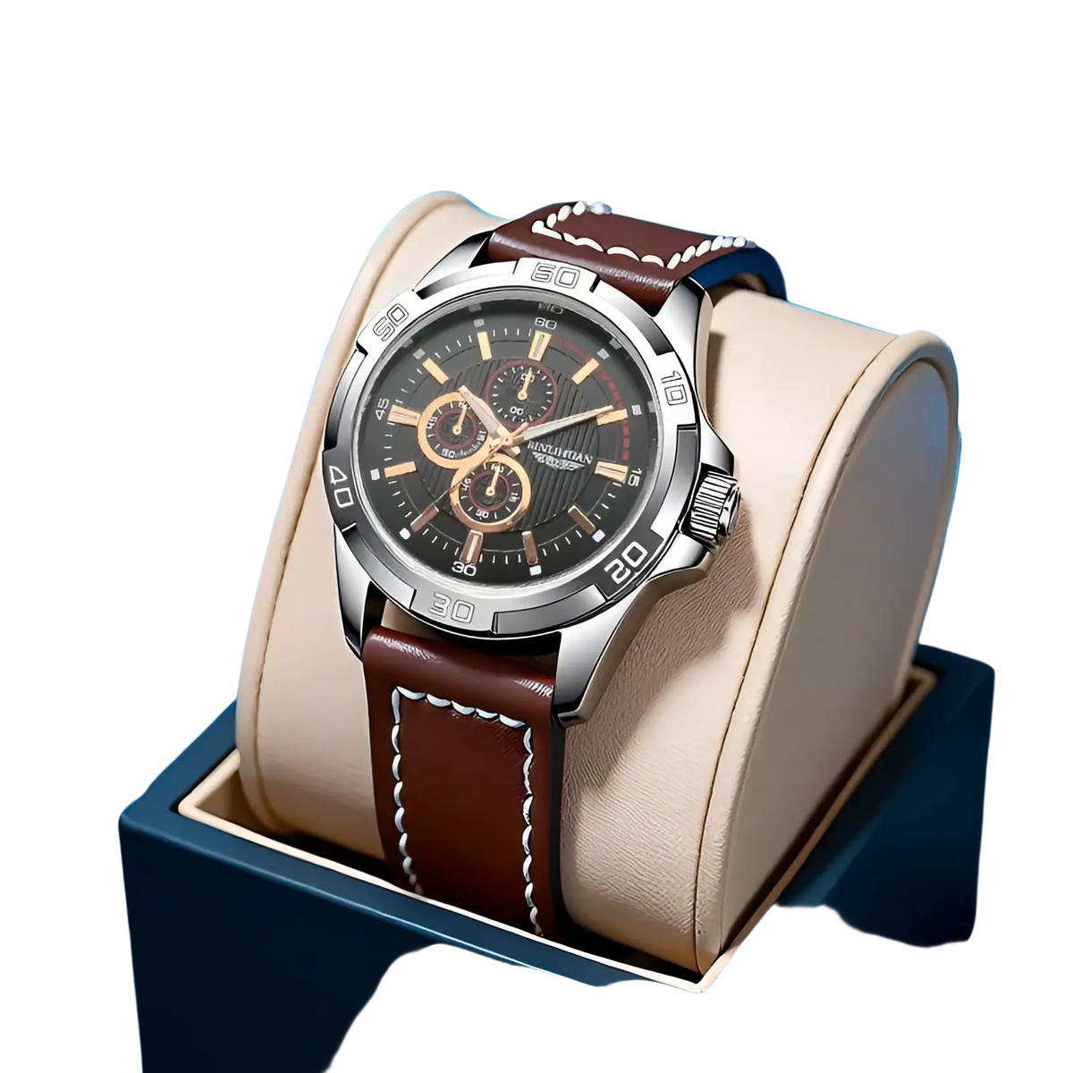 Men quartz chronograph watch with sleek silver case black dial and brown leather strap with white stitching