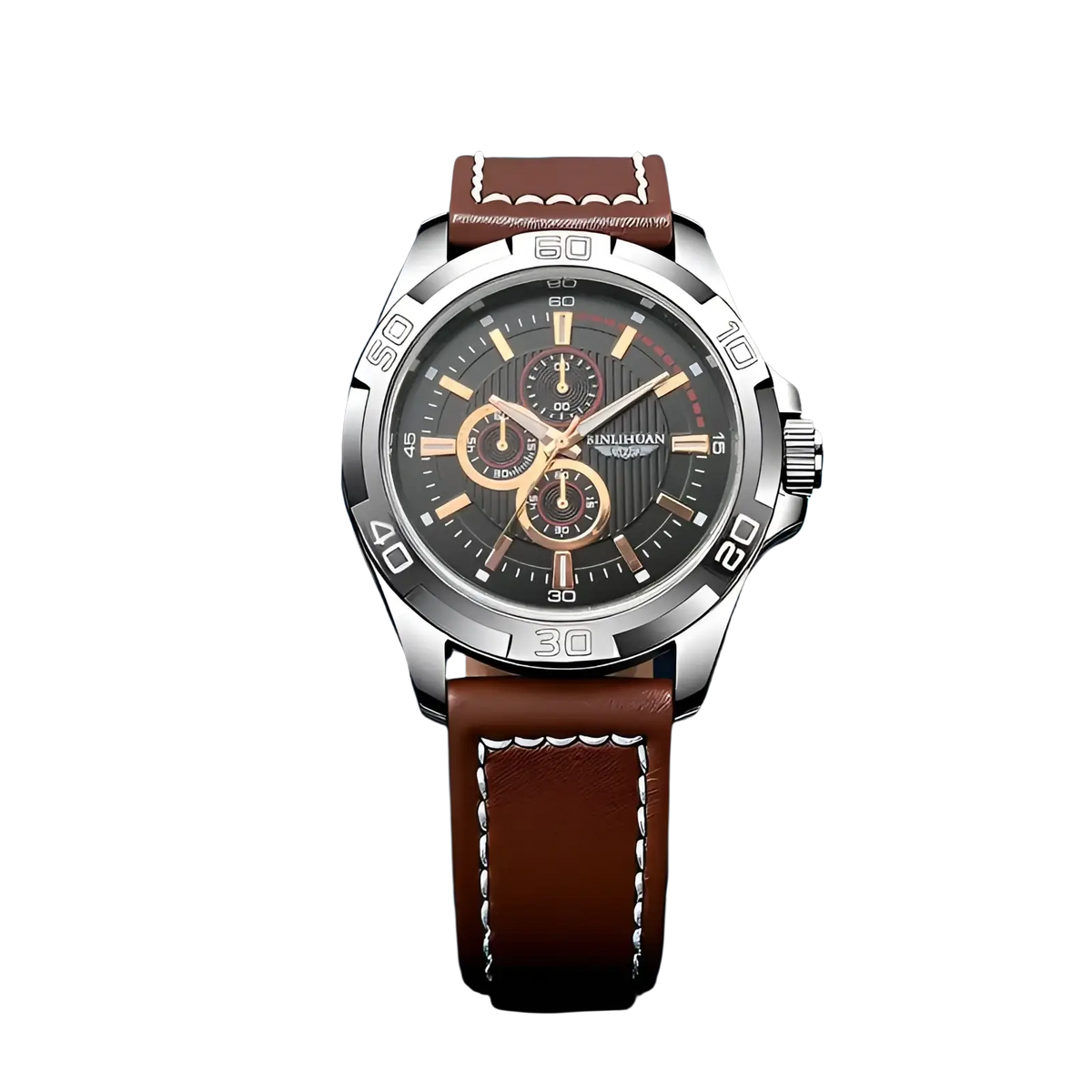 Men quartz chronograph watch with a black dial, gold-tone hands, silver case, and brown leather strap with white stitching