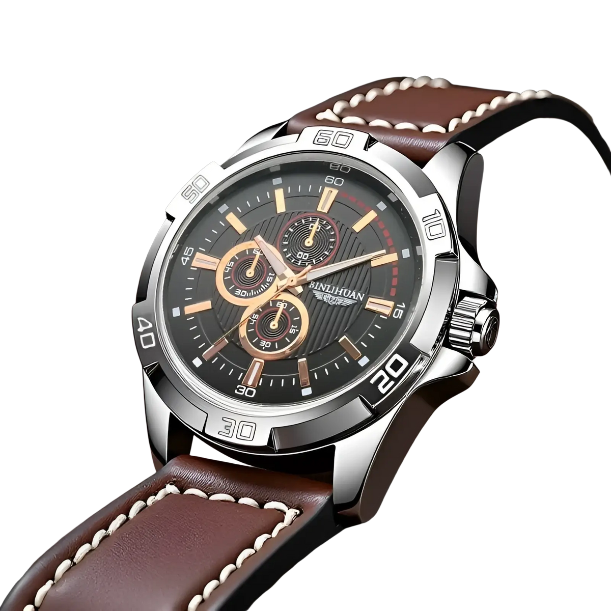 Men quartz chronograph watch with sleek silver case black dial gold-tone hands and brown leather strap with white stitching