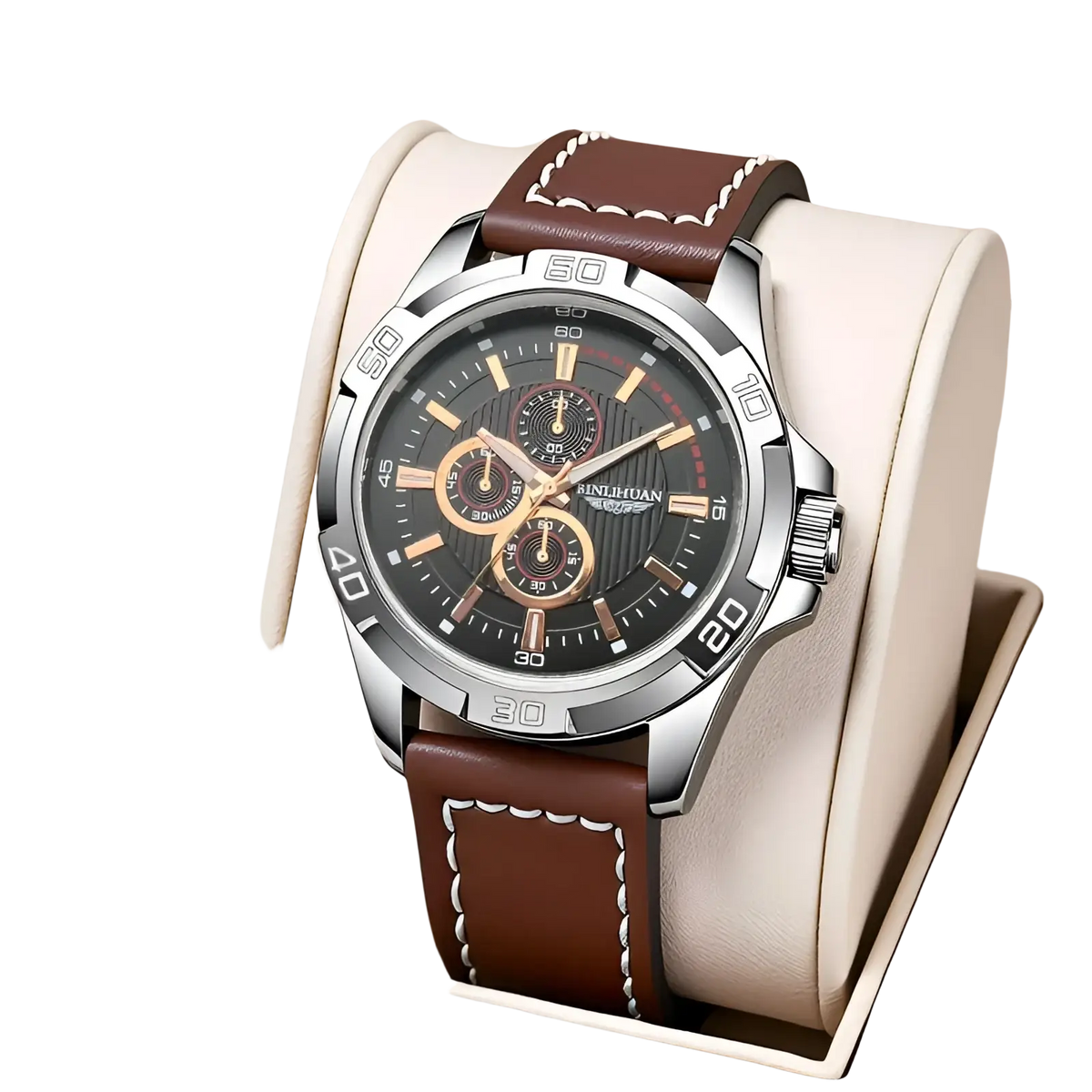 Men quartz chronograph watch with a sleek silver case black dial gold-tone hands and brown leather strap with white stitching