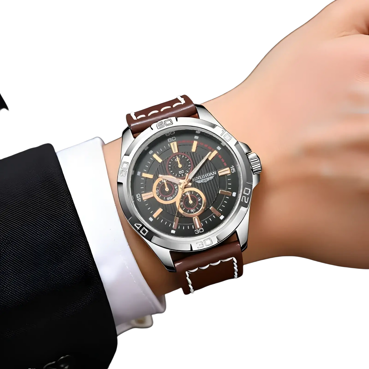 Men quartz chronograph watch with a silver case, black dial, gold-tone hands, and brown leather strap with white stitching