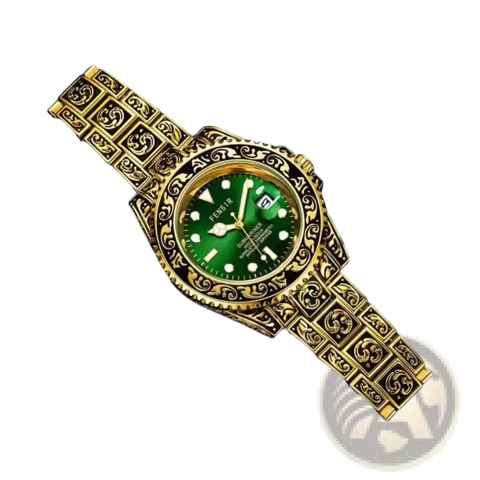 Men quartz engraved luxury stainless steel wristwatch with gold-toned case and bracelet and vibrant green dial