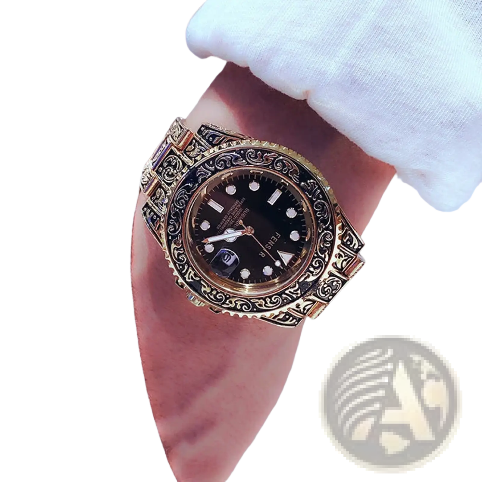 Men quartz engraved luxury stainless steel wristwatch in gold tone with black dial and white hour markers and hands