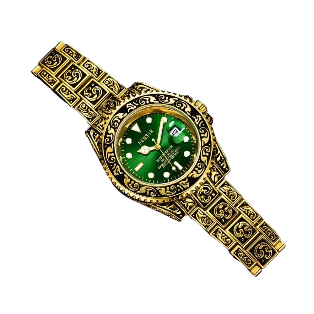 Men quartz engraved luxury stainless steel wristwatch with golden ornate bracelet and vibrant green dial