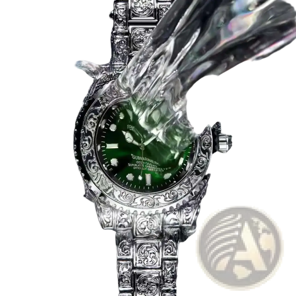 Men quartz engraved luxury stainless steel wristwatch with silver tone case and bracelet and green submariner dial