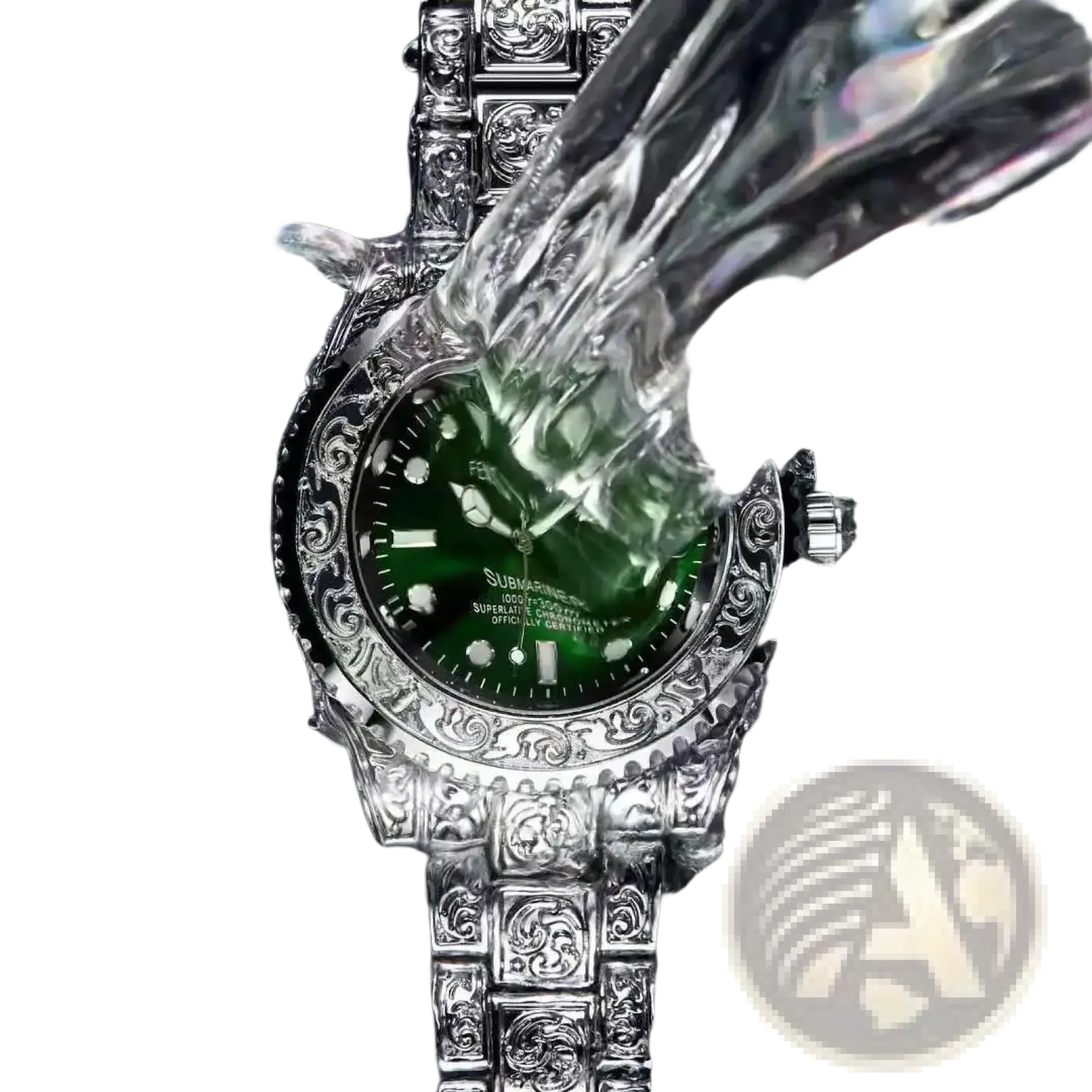 Men quartz engraved luxury stainless steel wristwatch with silver tone case and bracelet and green submariner dial