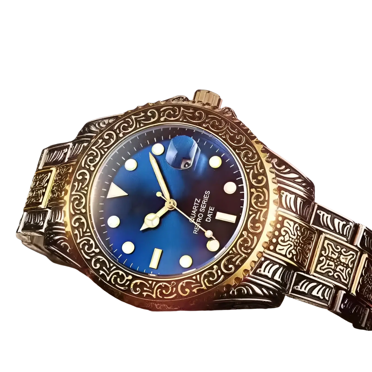 A men quartz engraved luxury stainless steel wristwatch with a gold-toned case and bracelet and a deep blue dial